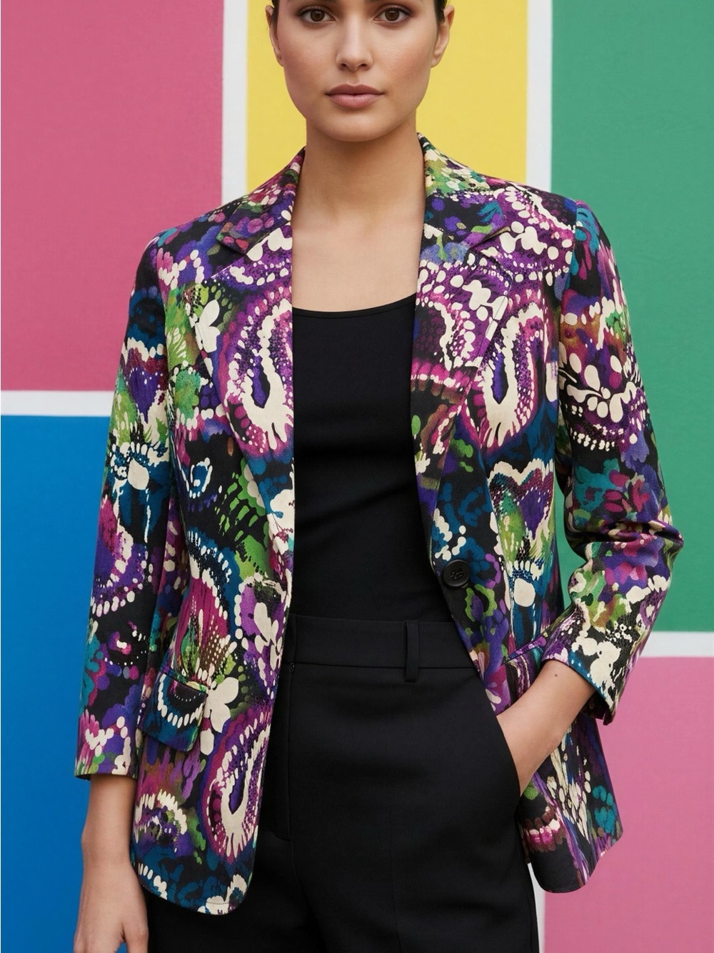 Printed Multi-Color Women's Blazer Jacket - Bold Floral Pattern